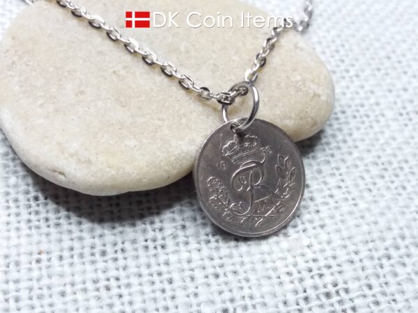 Denmark 1950 coin pendant necklace - 74 year old Crowned Letter R initial 10 ore - 74th birthday gift - Danish souvenir - Cord/chain options