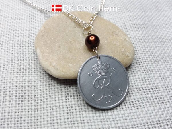 Denmark 1959 coin necklace - 65 year old 5 ore - Crowned Letter R initial - 65th birthday gift - Danish souvenir - Cord/chain options