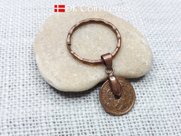 Denmark 1937 coin keychain - 87 year old crowned letter C initial vintage copper 1 ore coin pendant - 87th birthday gift - Antique souvenir