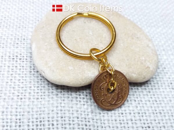 Denmark 1937 coin keychain - Letter C initial on 87 year old copper 1 ore vintage coin pendant - 87th birthday gift - Danish souvenir