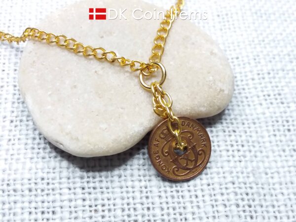 Denmark 1937 coin necklace - Crowned letter C initial on 87 year old 1 ore - Antique Danish souvenir - 87th birthday gift. Cord/chain option