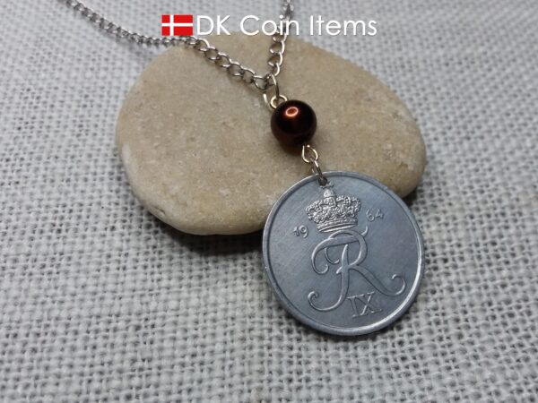 Denmark 1964 coin necklace - 60 year old 5 ore - Crowned Letter R initial - 60th birthday gift - Danish souvenir - Cord/chain options