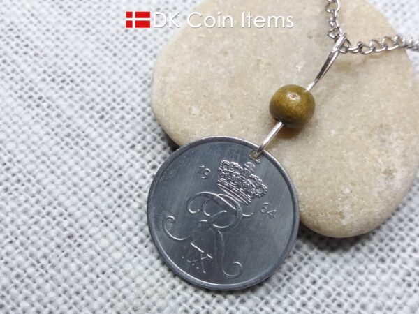 Denmark 1964 coin necklace - 60 year old 5 ore with Crowned Letter R initial - 60th birthday gift - Danish souvenir - Cord/chain options