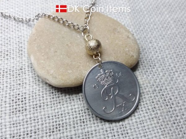 Denmark 1964 coin necklace - 60 year old 5 ore - 60th birthday gift - Crowned Letter R initial - Danish souvenir - Cord/chain options