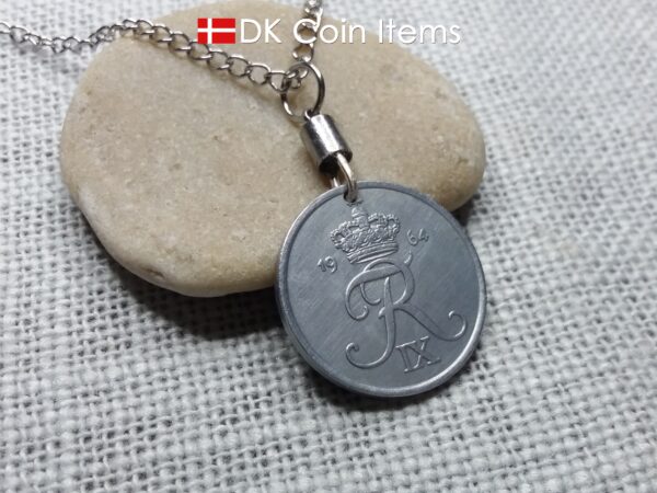 Denmark 1964 coin necklace - 60 year old Letter R initial 5 ore - 60th birthday gift - Danish souvenir - Cord/chain options