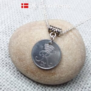 Denmark 1970 coin necklace with chain - 54 year old vintage 1 ore (16mm) as coin pendant - 54th birthday gift - Danish souvenir