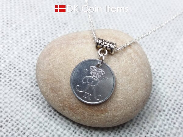 Denmark 1970 coin necklace with chain - 54 year old vintage 1 ore (16mm) as coin pendant - 54th birthday gift - Danish souvenir