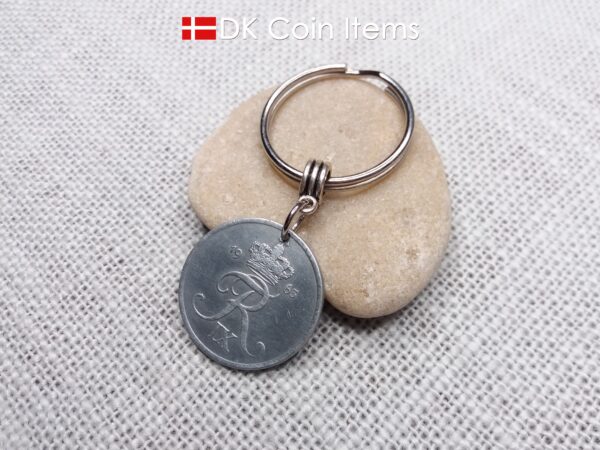 Denmark 1963 R-initial coin keychain with 61 year old 5 ore as coin pendant on bail and 30mm keyring