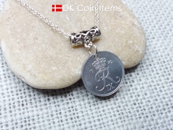 Denmark 1970 coin necklace (incl. chain) - 54 year old vintage 1 ore (16mm) as coin pendant - 54th birthday gift - Danish souvenir