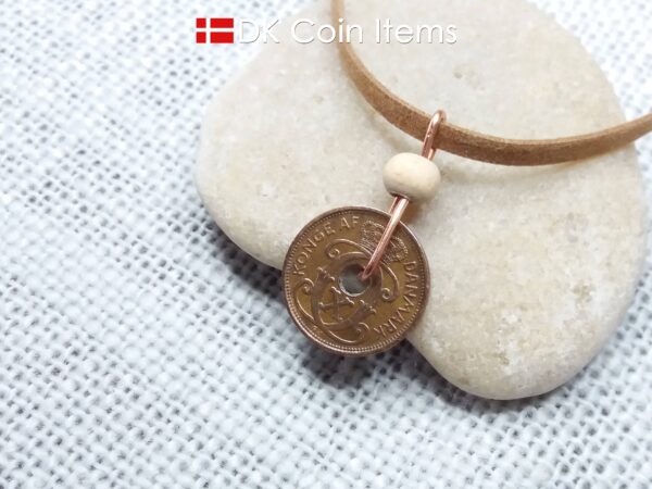 Denmark 1934 coin necklace - 90 year old crowned letter C initial 1 ore - 90th birthday gift - Antique Danish souvenir - Cord/chain option