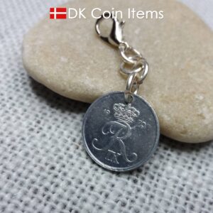 Denmark 1970 coin charm - 54 year old 1 ore (16mm) with crowned letter R initial as coin pendant - 54th birthday gift - Danish souvenir