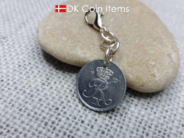 Denmark 1970 coin charm - 54 year old 1 ore (16mm) with crowned letter R initial as coin pendant - 54th birthday gift - Danish souvenir