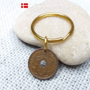 Denmark 1934 coin keychain - 90 year old crowned letter C initial 1 ore as coin pendant - 90th birthday gift - Antique Danish souvenir