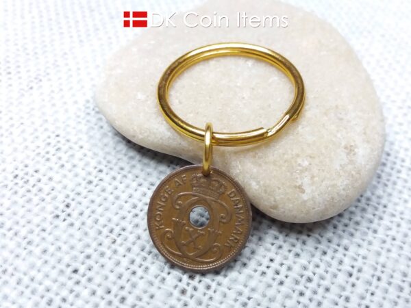 Denmark 1934 coin keychain - 90 year old crowned letter C initial 1 ore as coin pendant - 90th birthday gift - Antique Danish souvenir