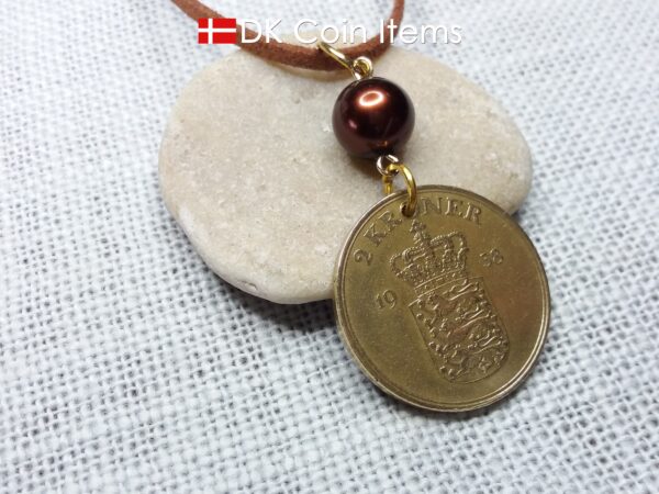 Denmark 1958 coin necklace - 66 year old golden vintage 2 kroner as coin pendant - 66th birthday gift - Cord/Chain options