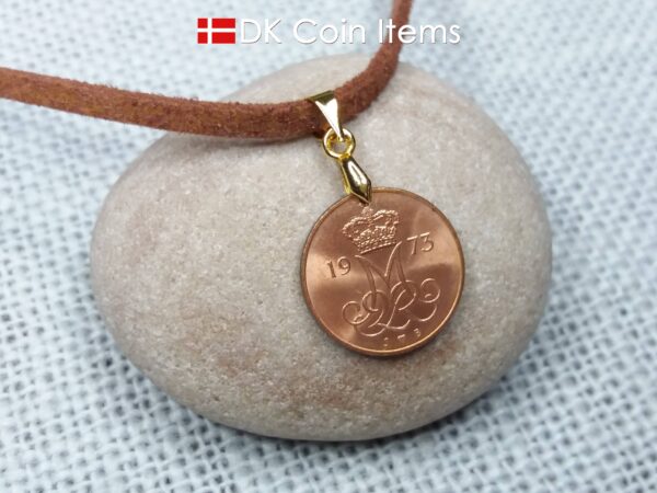 Denmark 1973 coin necklace. 51 year old M initial 5 ore coin pendant. 51st birthday gift. 5th anniversary gift. Danish vintage souvenir