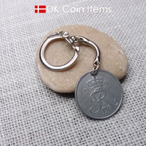 Denmark 1961 R-initial coin keychain with 63 year old 5 ore as coin pendant on snake keyring