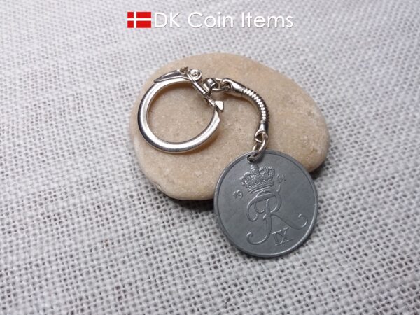 Denmark 1961 R-initial coin keychain with 63 year old 5 ore as coin pendant on snake keyring