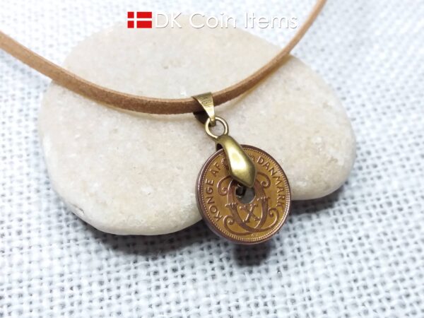 Denmark 1935 coin necklace. C initial. 89 years old 1 ore coin pendant.