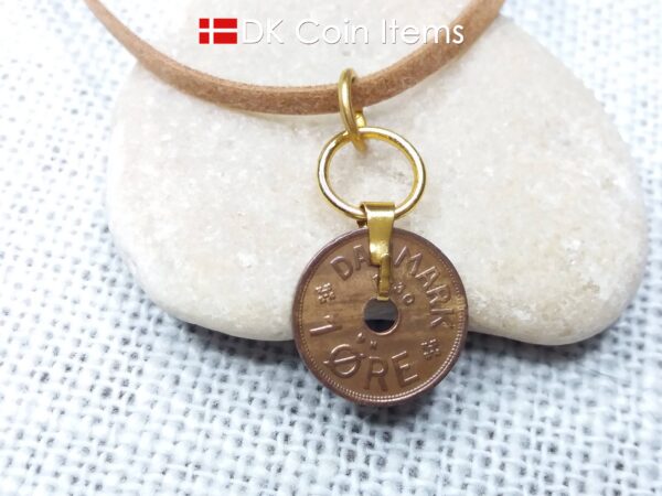 Denmark 1930 coin necklace. Crowned C-monogram 1 ore coin.