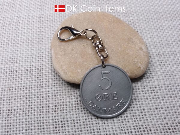 Denmark 1959 R-initial coin charm with 65 year old 5 ore as coin pendant on swivel unit and 18mm lobster claw clasp