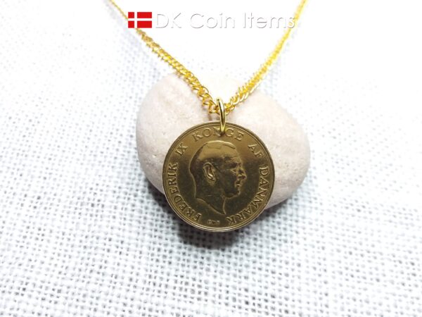 Denmark 1957 coin pendant necklace with golden 67 year old vintage 1 krone. Cord/Chain options