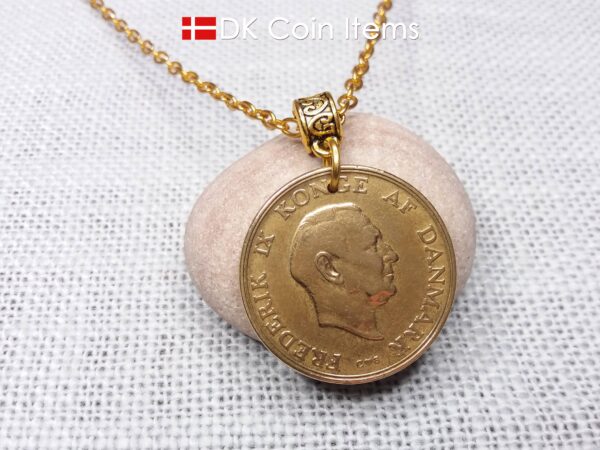 Denmark 1958 coin necklace with golden 66 year old vintage 2 kroner as coin pendant on bail. Cord/Chain options