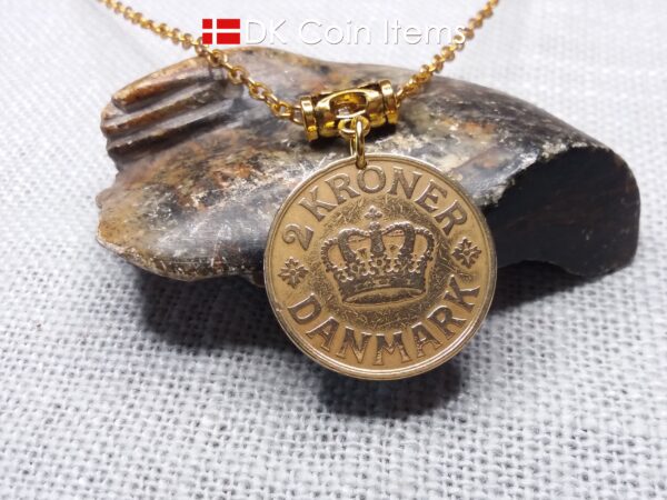 Denmark 1925 Crown C-initial coin necklace with golden 99 year old vintage 2 kroner as coin pendant. Cord/Chain options