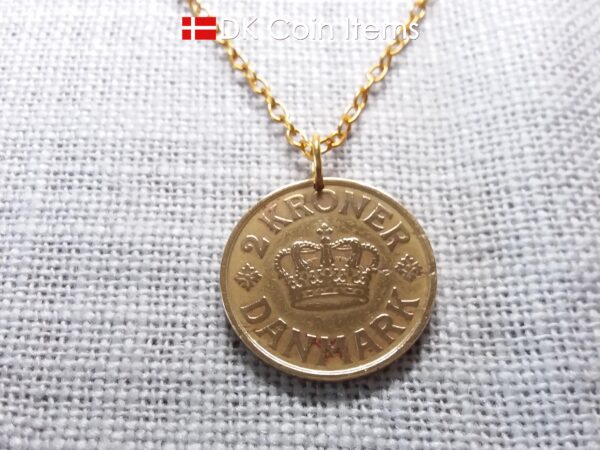 Denmark 1925 Crown C-initial coin pendant necklace with golden 99 year old vintage 2 kroner. Cord/Chain options