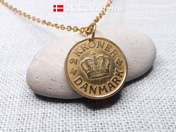 Denmark 1925 Crown C-initial coin pendant necklace with 99 year old golden vintage 2 kroner. Cord/Chain options