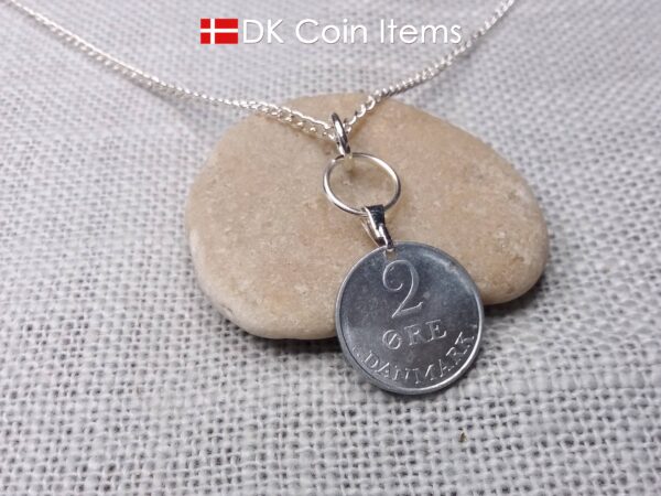 Denmark 1970 R-initial coin necklace with 54 year old 2 ore as coin pendant on silver plated snap lock and rings