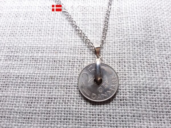 Denmark 1976 M-initial coin necklace with 48 year old 25 ore as coin pendant on pinch bail with snap lock