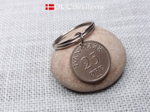 Denmark 1951 R-initial coin keychain with 73 year old vintage 25 ore as coin pendant on 30mm keyring