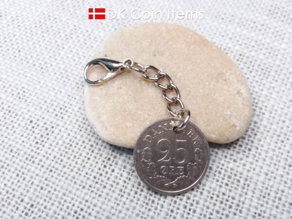 Denmark 1961 R-initial coin charm with 63 year old 25 ore as coin pendant on chain and 18mm lobster claw clasp