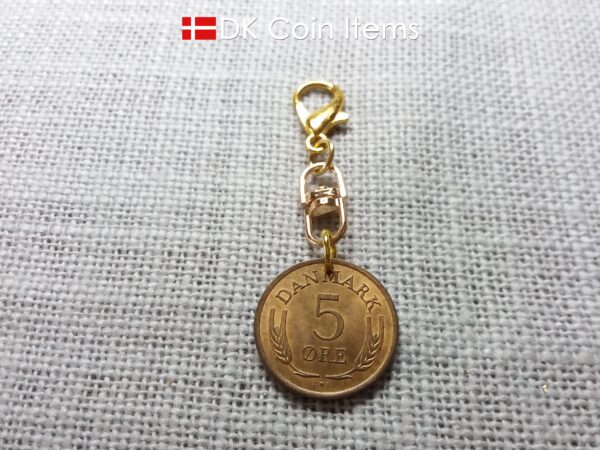 Denmark 1964 R-initial coin charm with 60 year old vintage 5 ore coin pendant on swivel and lobster claw clasp. 60th birthday gift