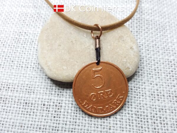 Denmark 1962 R-initial coin necklace - 62 year old copper painted vintage 5 ore coin pendant - 62nd birthday gift - Cord/chain options