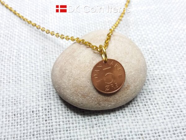 Denmark 1982 M-initial coin pendant necklace with 42 year old vintage copper 5 ore. 42nd birthday gift. 5th anniversary. Danish souvenir