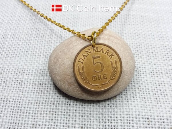 Denmark 1960 R-initial coin pendant necklace with 64 year old vintage 5 ore. 64th birthday gift. 5th anniversary gift. Danish souvenir