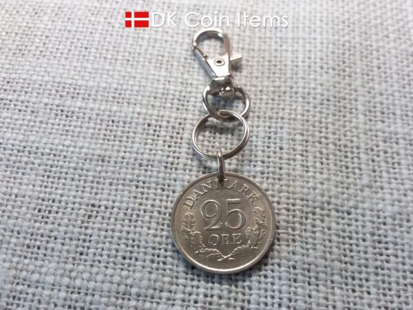 Denmark 1961 R-initial coin charm with 63 year old 25 ore as coin pendant on infinity ring and trigger clip