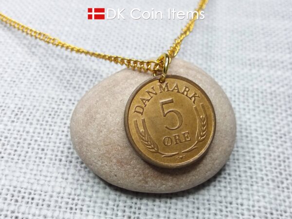 Denmark 1966 R-initial coin pendant necklace with 58 year old vintage 5 ore. 58th birthday gift. 5th anniversary gift. Danish souvenir