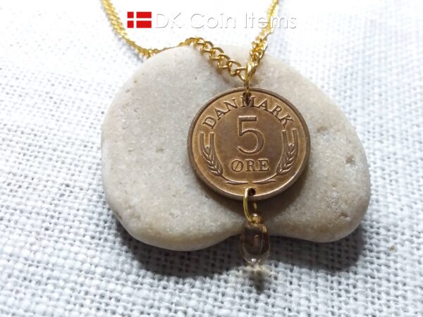 Denmark 1966 R-initial coin necklace - 58 year old vintage 5 ore with bead. 58th birthday gift. 5th anniversary gift. Danish souvenir