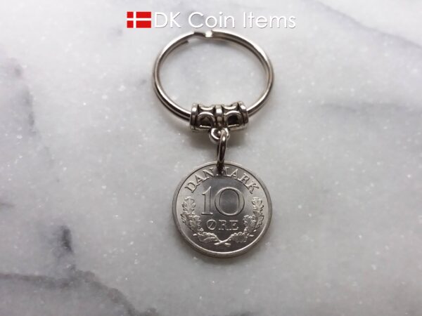 Denmark 1969 coin keychain - Crowned Letter R initial on 55 year old 10 ore - 55th birthday gift - 10th anniversary gift - Danish souvenir