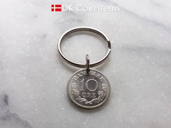 Denmark 1969 coin keychain - 55 year old Letter R initial 10 ore on 25mm keyring - 55th birthday gift - 10th anniversary - Danish souvenir