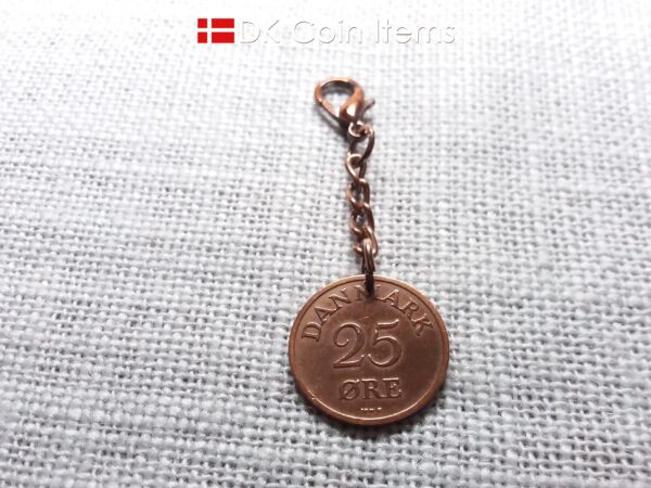 Denmark 1950 R-initial coin pendant charm with 74 year old decoratively copper plated 25 ore and chain plus 18mm lobster claw clasp