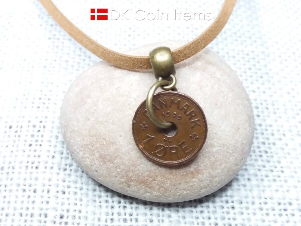 Denmark 1929 coin necklace - Crowned letter C initial on 95 year old 1 ore - Antique Danish souvenir gift - Cord/chain options