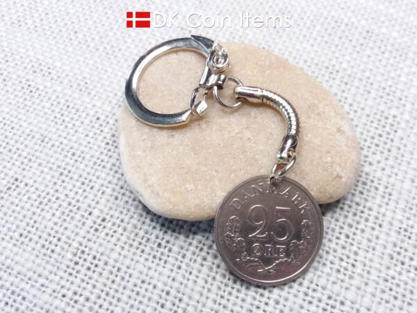 Denmark 1962 R-initial coin keychain with 62 year old 25 ore as coin pendant on snake keyring