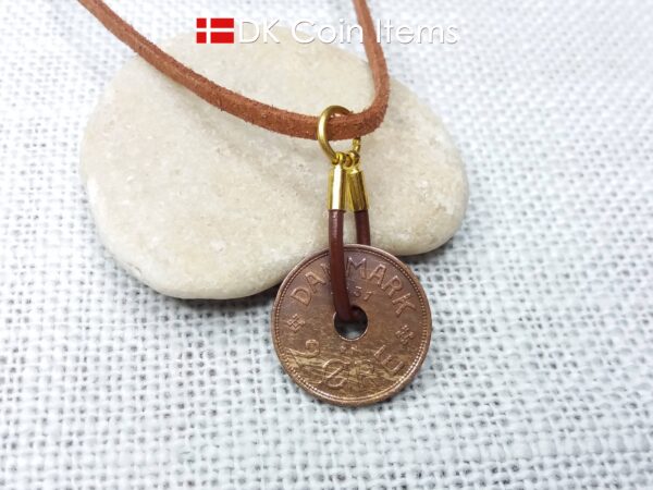 Denmark 1931 coin necklace - Crowned letter C initial on 93 year old 2 ore - Antique Danish souvenir - 93rd birthday gift. Cord/chain option