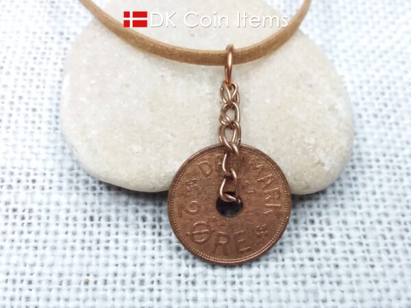 Denmark 1937 coin necklace - Crowned letter C initial on 87 year old 2 ore - Antique Danish souvenir - 87th birthday gift. Cord/chain option