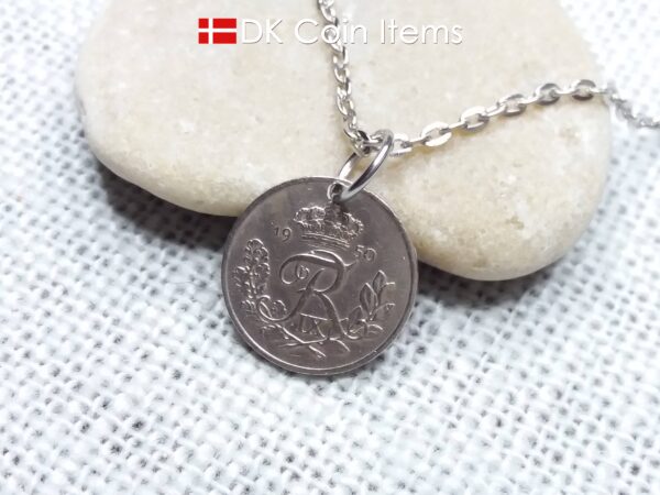 Denmark 1950 coin pendant necklace - 74 year old Crowned Letter R initial 10 ore - 74th birthday gift - Danish souvenir - Cord/chain options