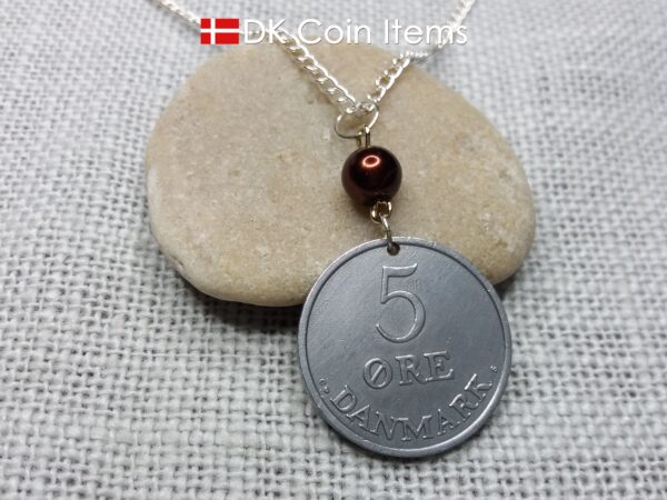 Denmark 1959 coin necklace - 65 year old 5 ore - Crowned Letter R initial - 65th birthday gift - Danish souvenir - Cord/chain options